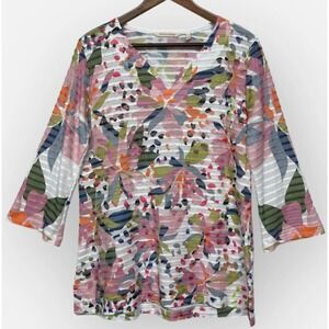 Soft Surroundings Womens L Floral Abstract V-Neck 3/4 Sleeve Ribbed Top